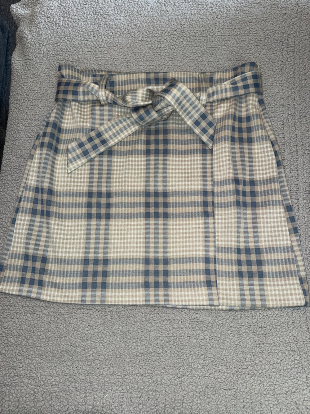 LOFT Beige and Blue Plaid Belted Mini Skirt